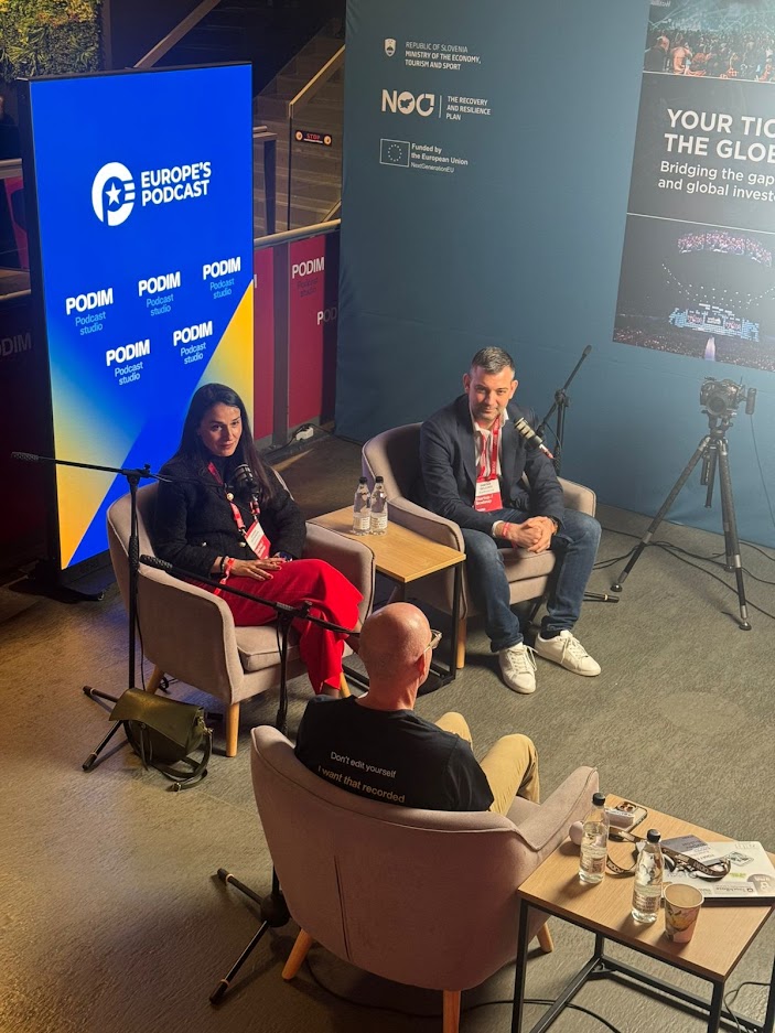 Yohay Elam conducting one of 35 interviews with investors, founders, and speakers over two intense days at Podim 2026 in Slovenia.